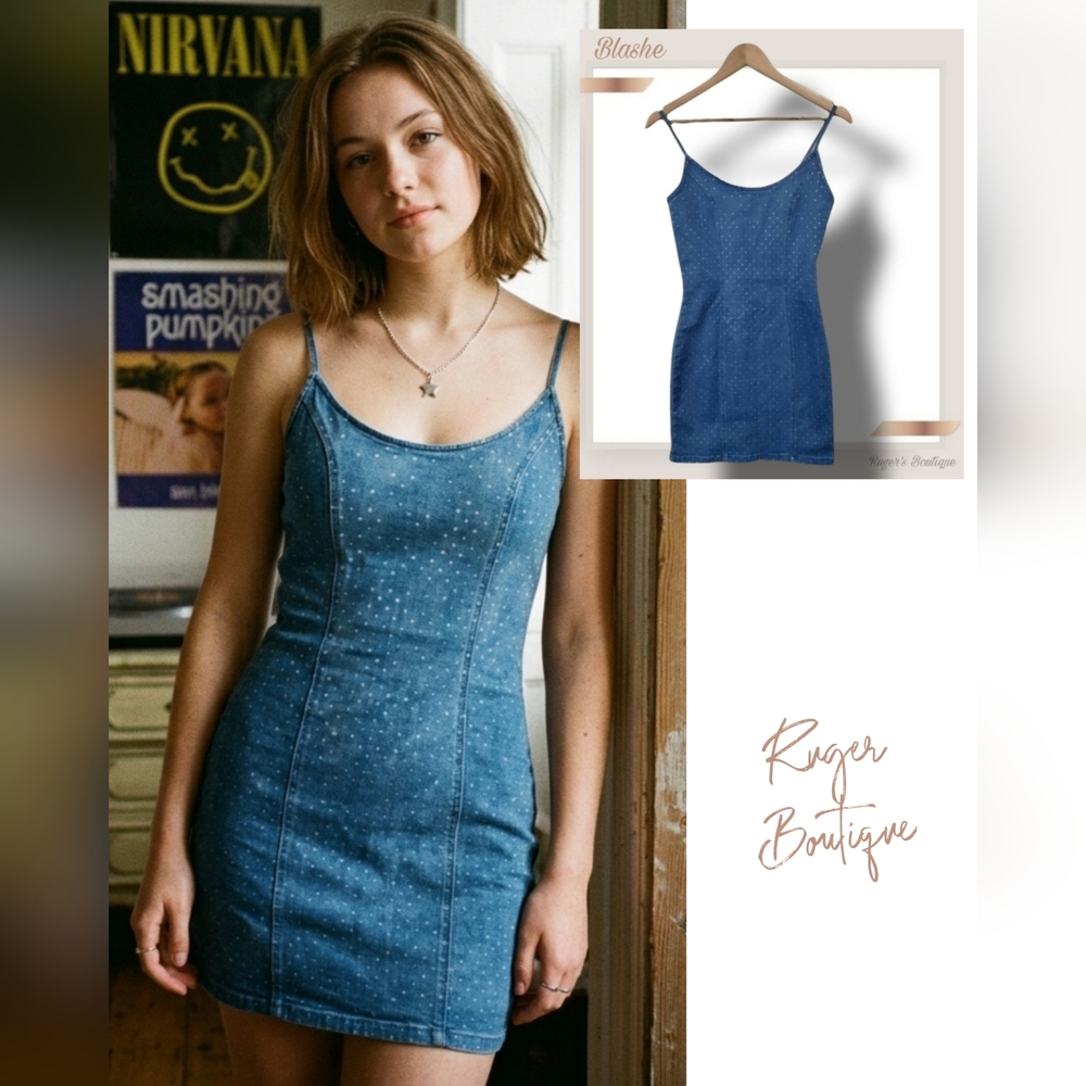 🌿Blāshe Womens Denim Rhinestone 90s Style Dress Size Small